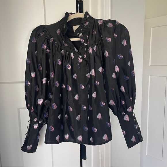 Tuckernuck Black Pink Blurred Dot Fil Coupe Corrigan Blouse Button Sleeve - Picture 6 of 10